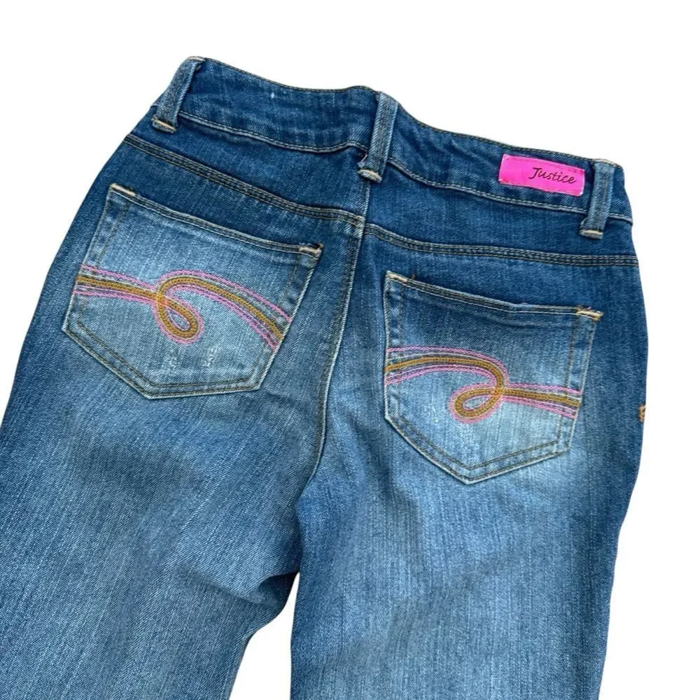 Y2K Justice Blue Denim Jeans Straight Rolled Up Cuff Faded Distressed 12S